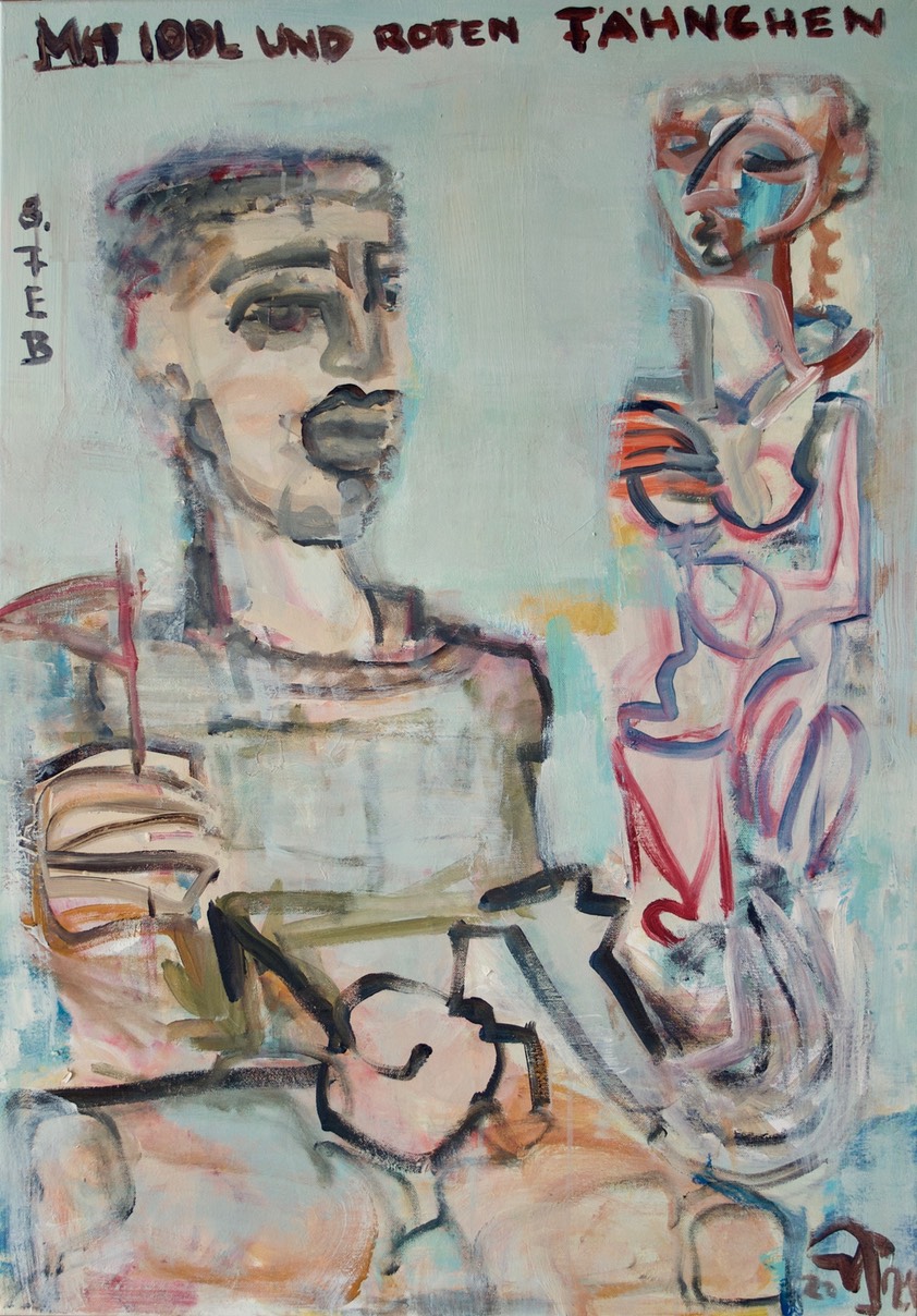 MIT IDOL UND ROTEM FÄHNCHEN,Leinwand 2021, 70 x 100 cm