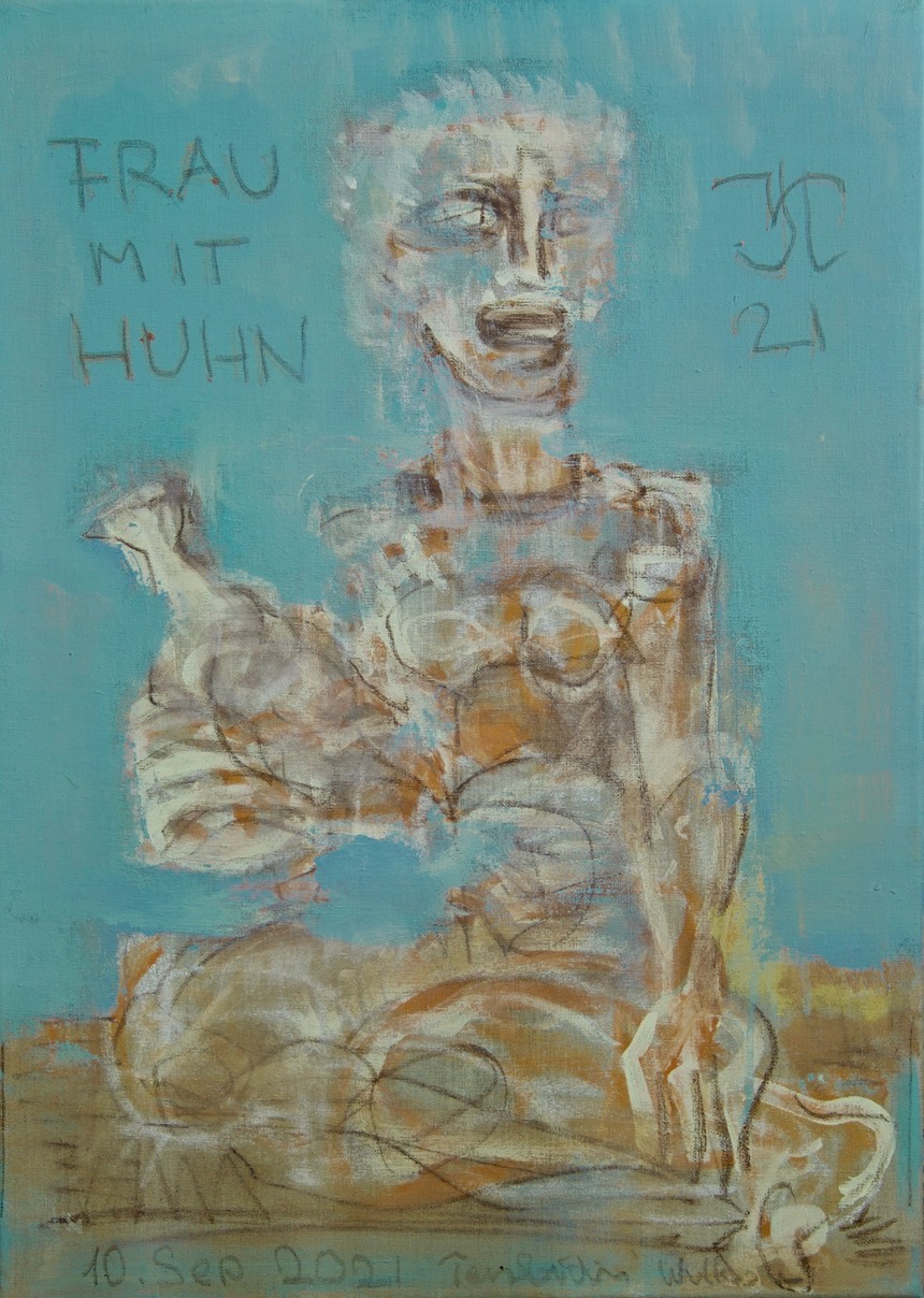 FRAU MIT HUHN, Leinwand 2021, 50 x 70 cm